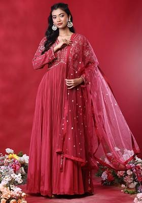 Dark Pink Floral Hand Embroidered Anarkali Kurta With Dupatta