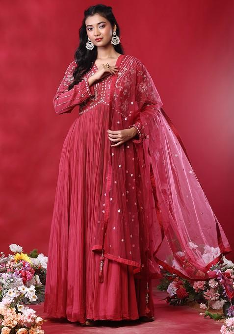 Dark Pink Floral Hand Embroidered Anarkali Kurta With Dupatta