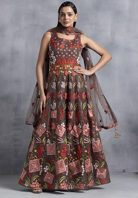 Brown Multicolour Floral Thread Embroidered Anarkali With Dupatta