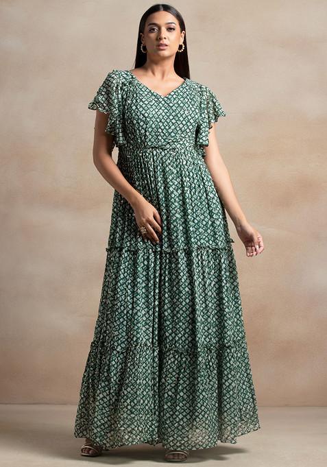 Green Printed Sequin Embellished Anarkali