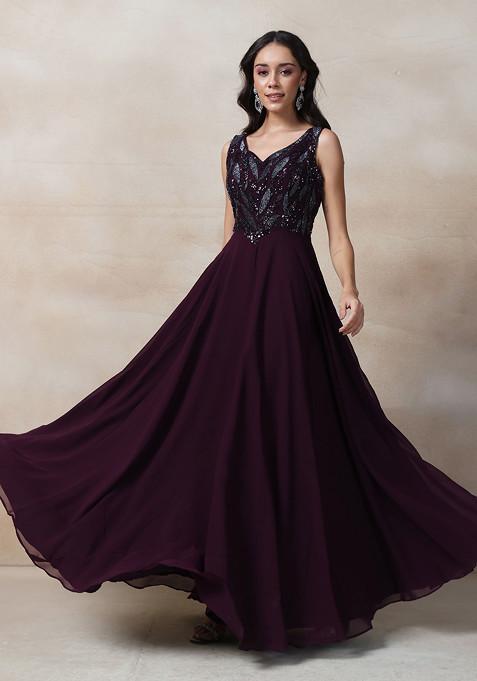 Dark Purple Sequin Embellished Georgette Anarkali Gown