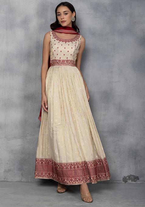 Cream Sequin Embellished Anarkali With Maroon Dupatta