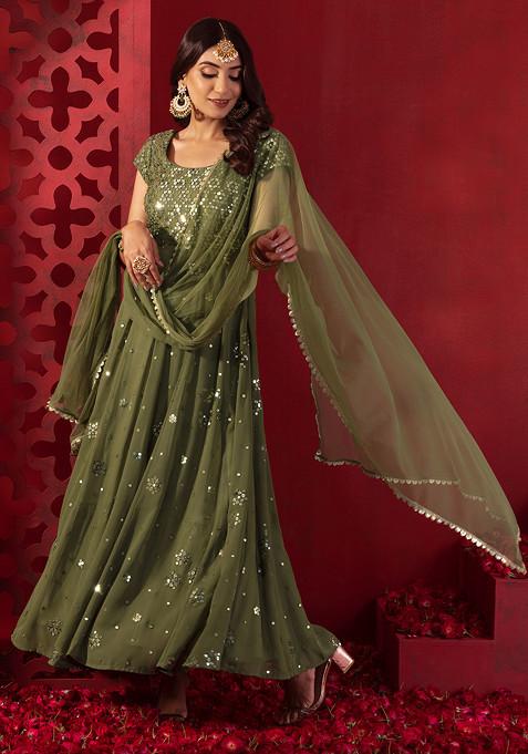 Fern Green Sequin Embroidered Anarkali Suit Set With Churidar And Dupatta