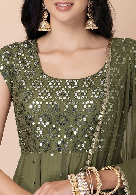 Buy Women Fern Green Sequin Embroidered Anarkali Suit Set With Churidar ...