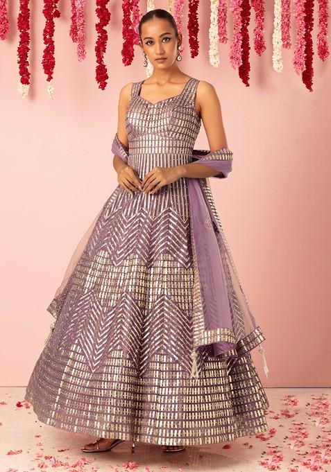 Mauve Geometric Foil Embroidered Anarkali Gown With Dupatta