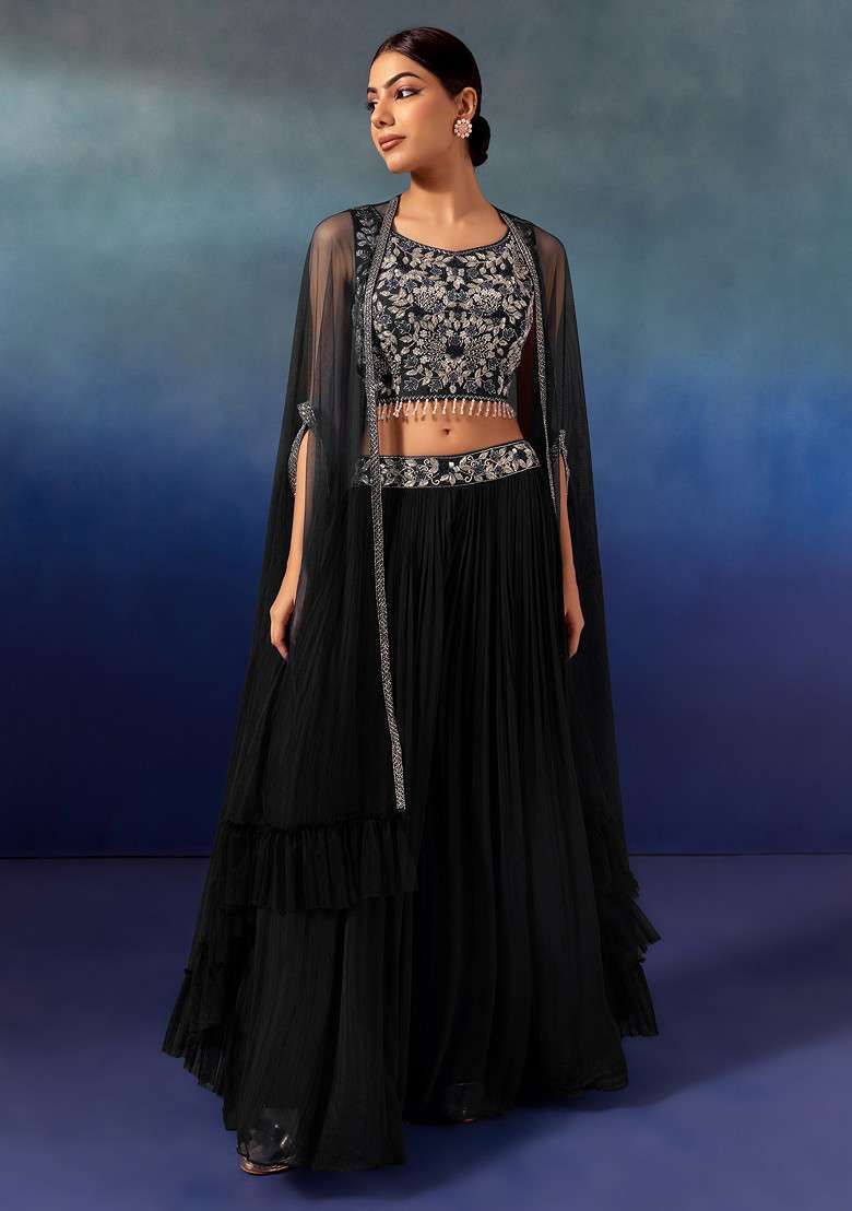 Black Lehenga Set With Floral Embellished Blouse And Mesh Jacket - Indya