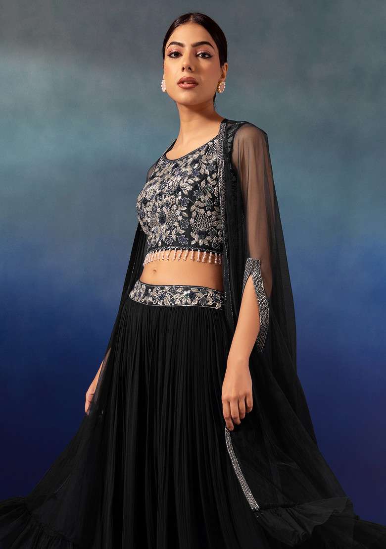 Black Lehenga Set With Floral Embellished Blouse And Mesh Jacket - Indya