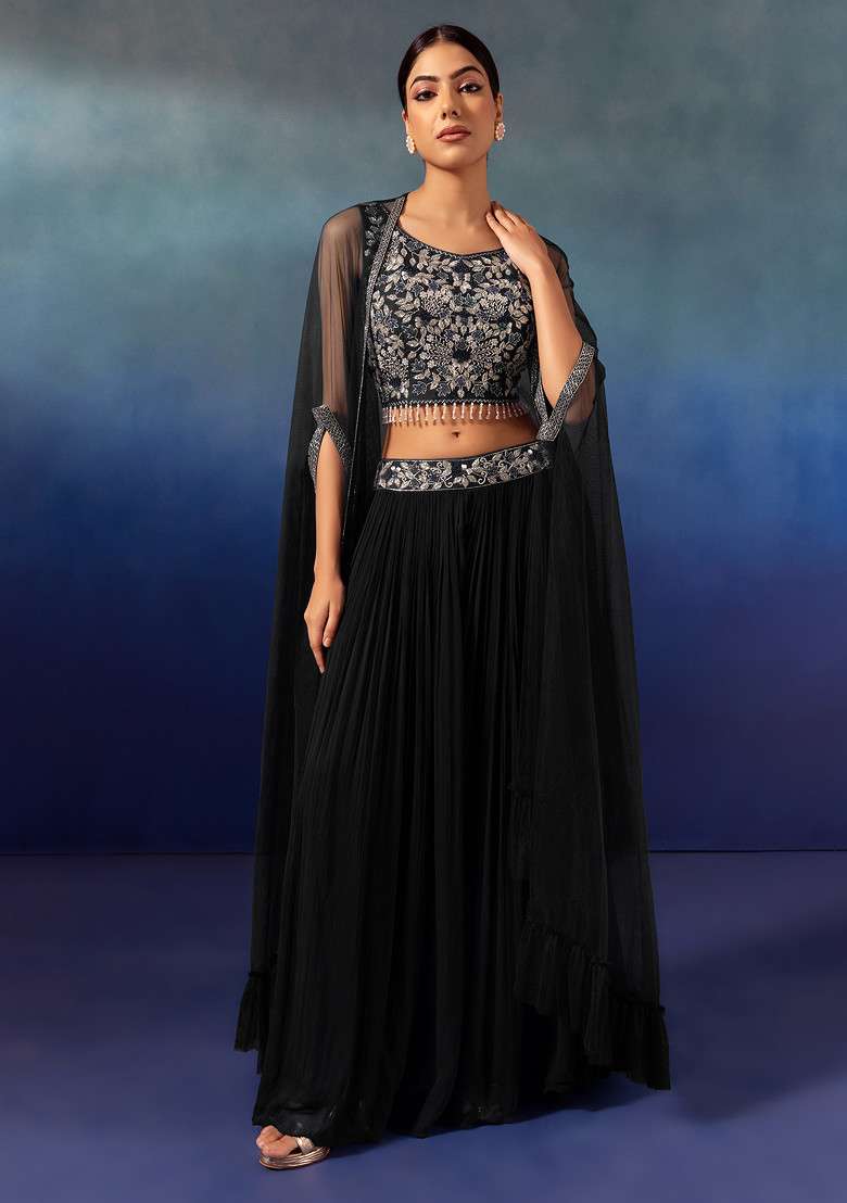 Black Lehenga Set With Floral Embellished Blouse And Mesh Jacket - Indya