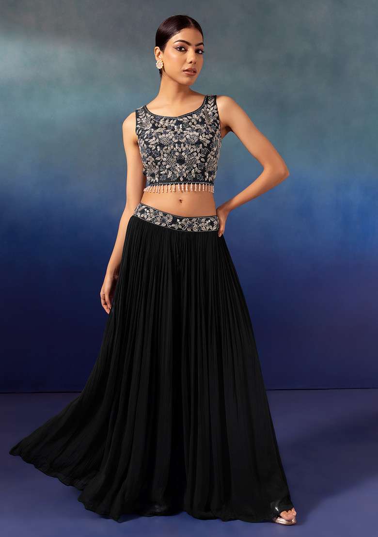 Black Lehenga Set With Floral Embellished Blouse And Mesh Jacket - Indya