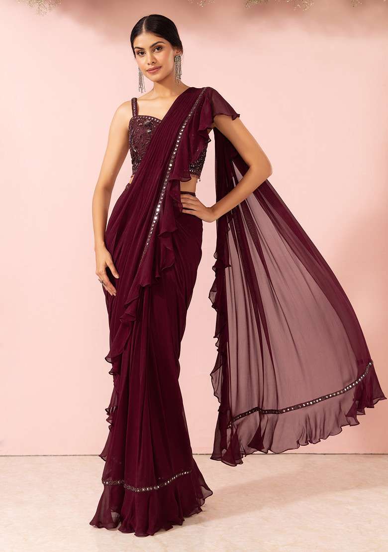 Maroon Pre-Stitched Saree Set Sequin Mirror Embellished Blouse - Indya