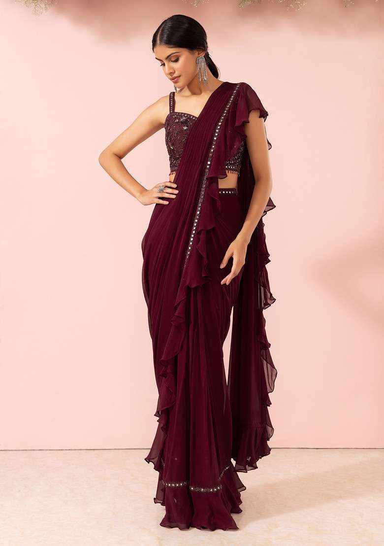 Maroon Pre-Stitched Saree Set Sequin Mirror Embellished Blouse - Indya