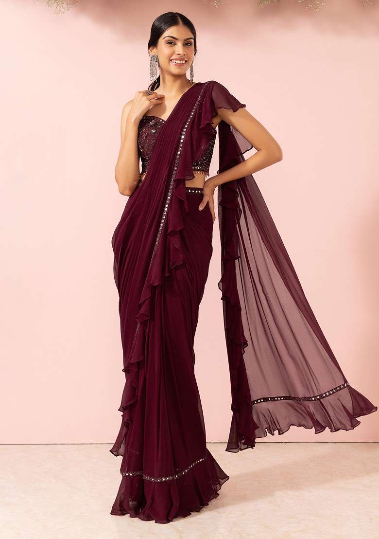 Maroon Pre-Stitched Saree Set Sequin Mirror Embellished Blouse - Indya