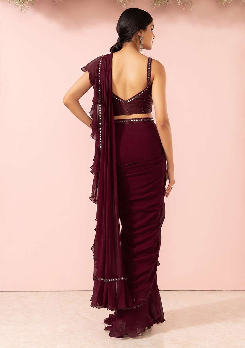 Maroon Pre-Stitched Saree Set Sequin Mirror Embellished Blouse - Indya