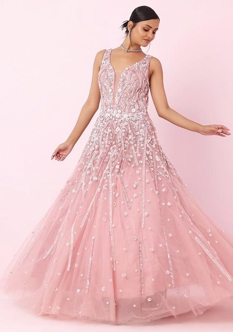 Pink Floral Sequin Embellished Anarkali Gown