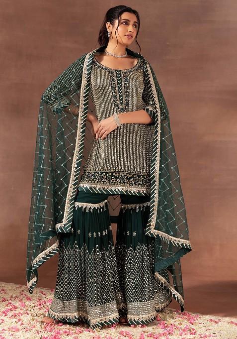 Deep Green Mirror Sequin Embroidered Sharara Set With Kurta And Dupatta