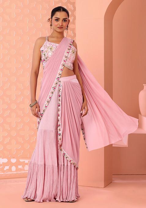 Mauve Tiered Sharara Set With Sequin Thread Embroidered Blouse And Attached Dupatta