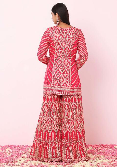 Orange Gota Patti Embroidered Kurta And Hot Pink Sharara Pants Set