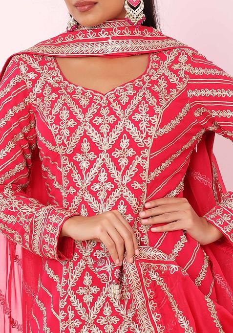 Hot Pink Nakshi Gota Embellished Kurta With Gota Pati Gharara and Dupatta (Set of 3)