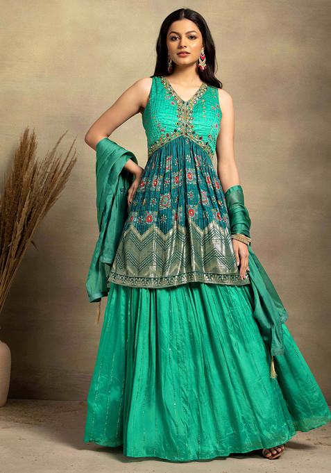 Turquoise Embroidered Skirt Set With Digital Print Kurta And Dupatta