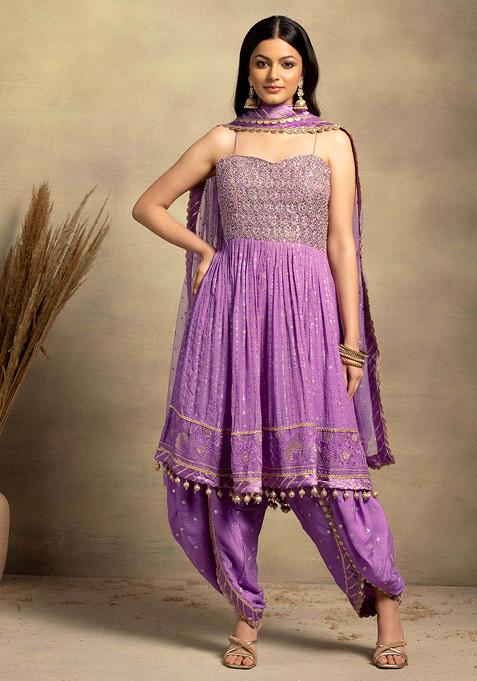 Lilac Floral Embroidered Strappy Kurta Set With Tulip Pants And Dupatta