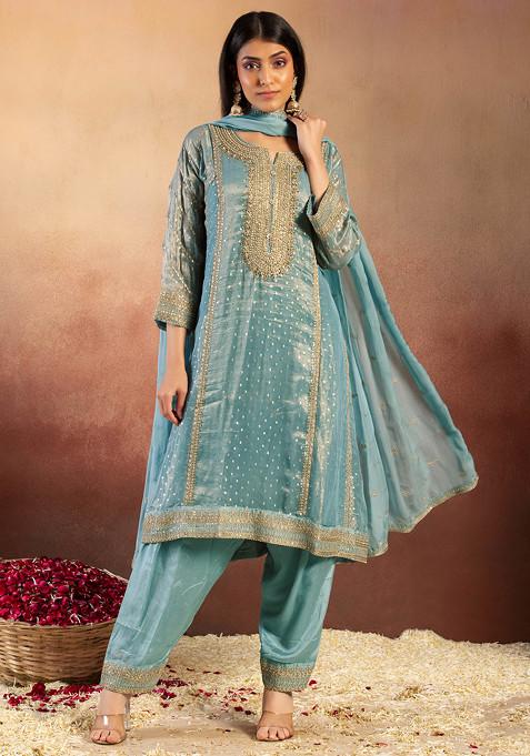 Sage Green Zari Embroidered Brocade Kurta Set With Salwar And Dupatta