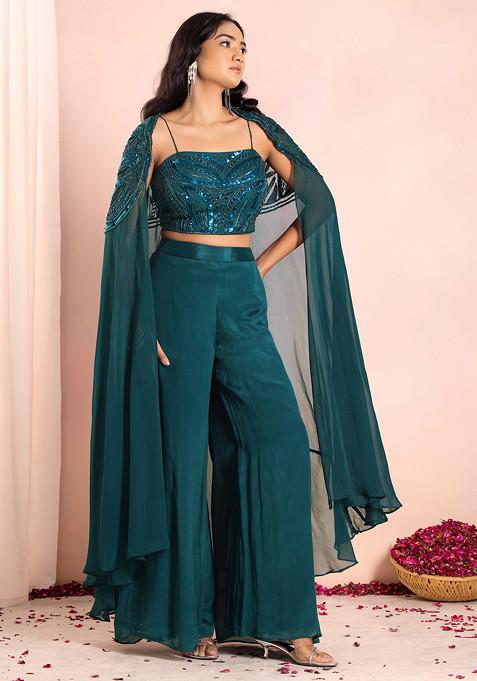 Teal Blue Embellished Jacket Set With Sequin Embellished Blouse And Palazzo