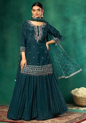Green Pleated Sharara Set With Mirror Embroidered Kurta And Dupatta
