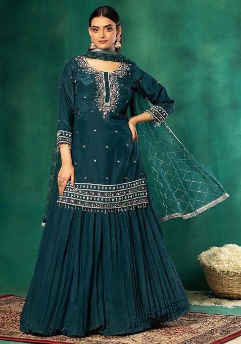 Green Pleated Sharara Set With Mirror Embroidered Kurta And Dupatta