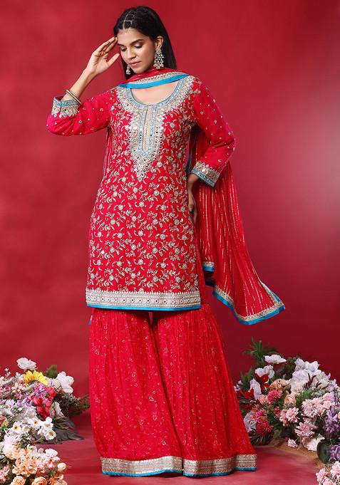 Rani Pink Embroidered Sharara Set With Floral Mirror Embellished Kurta And Dupatta