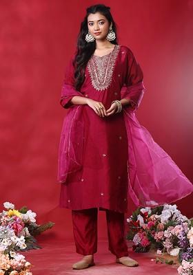 Wine Zari Sequin Embellished Kurta Set With Pants And Dupatta