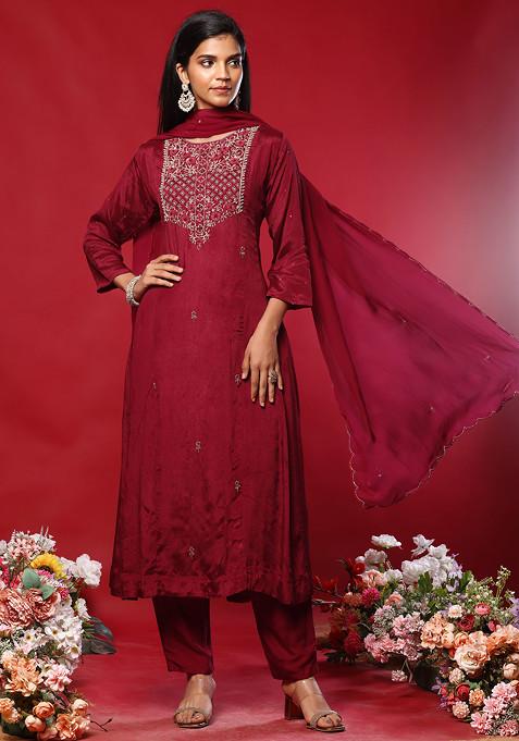 Maroon Floral Hand Work Kurta Set With Pants And Organza Dupatta