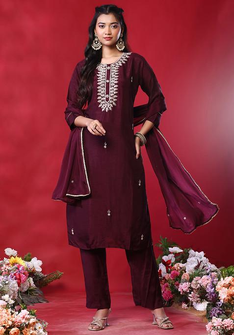 Maroon Zari Leaf Hand Embroidered Kurta Set With Pants And Dupatta