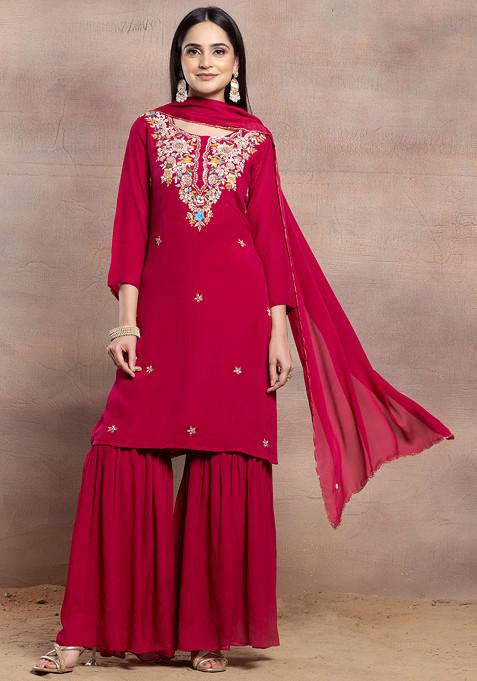 Rani Pink Sharara Set With Floral Sequin Embellished Kurta And Dupatta