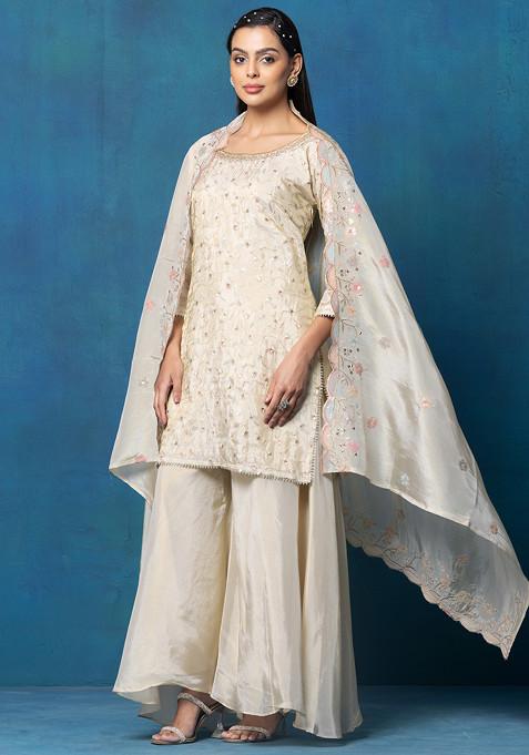 Made to Measure Bottle Green Gold Zari Embroidery Net Kurta Sharara Set with Net Dupatta main image 0