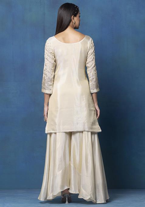 Mustard Golden Stripped Kurta with Net Sharara and Dupatta main image 1