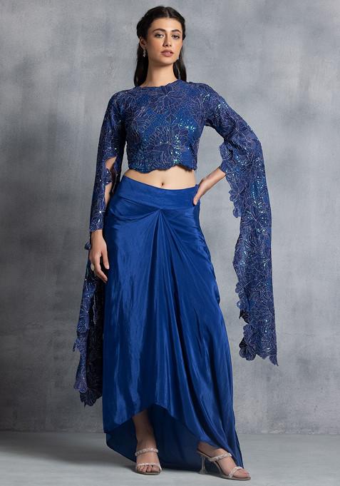 Blue Pleated Skirt Set With Thread Hand Embroidered Blouse