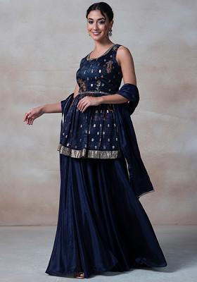 Navy Blue Cutdana Embroidered Sharara Set With Sequin Embellished Short Kurta And Dupatta