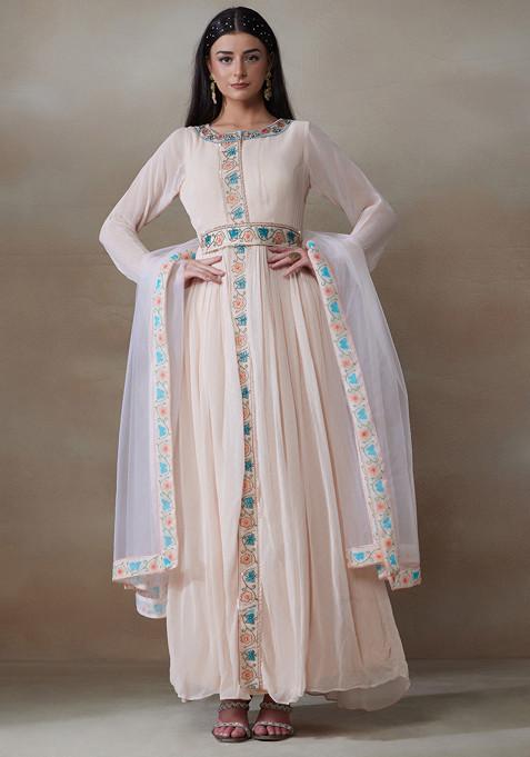 Peach Cutdana Bead Embellished Anarkali Gown With Mesh Dupatta And Belt