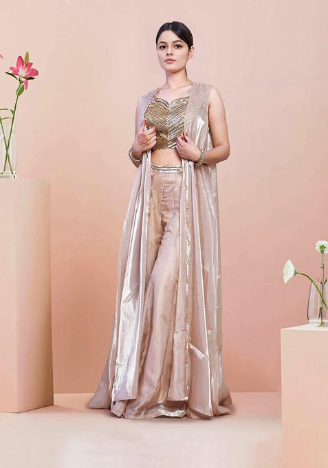 Gold Jacket Set With Hand Embroidered Blouse And Palazzo