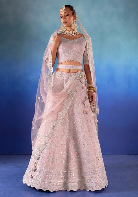 Pastel Pink Thread And Sequin Embroidered Bridal Lehenga And Blouse Set With Dupatta And Belt