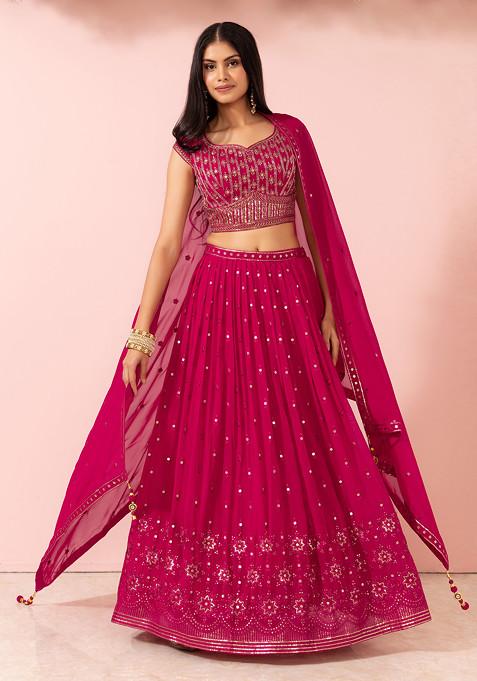 Dark Pink Floral Thread Embroidered Lehenga Set With Embroidered Blouse And Dupatta