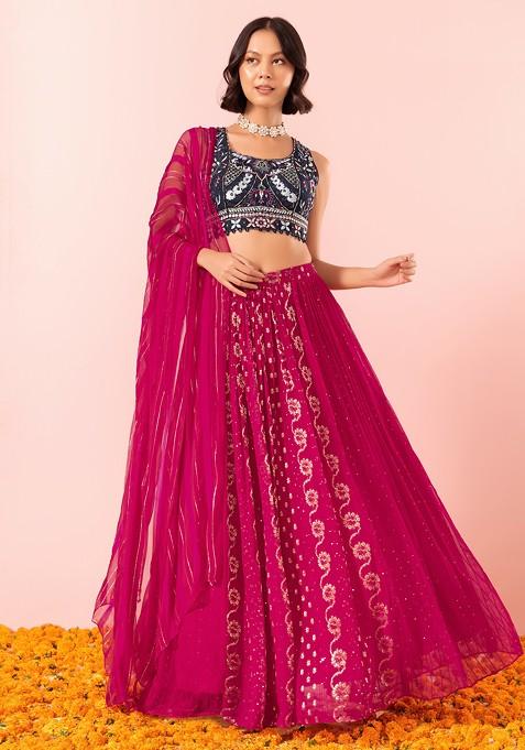 Dark Pink Sequin Embroidered Lehenga Set With Contrast Embroidered Blouse And Dupatta