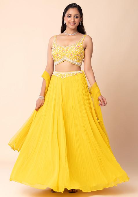 Yellow Lehenga Set With Abstract Hand Embroidered Blouse And Dupatta