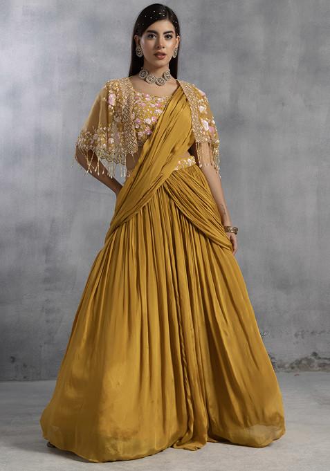 Mustard Yellow Lehenga Set With Sequin Bead Embellished Blouse And Embellished Cape