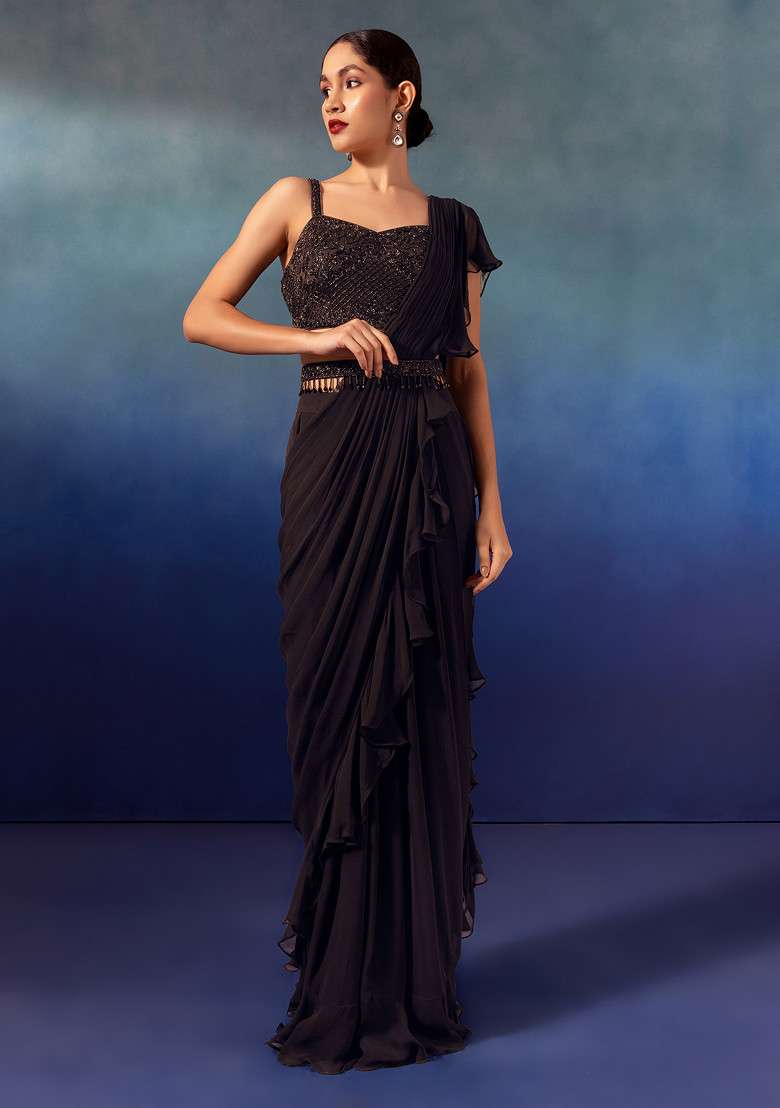 Wine Chinon Pre-Stitched Saree Set With Embroidered Blouse And Belt - Indya