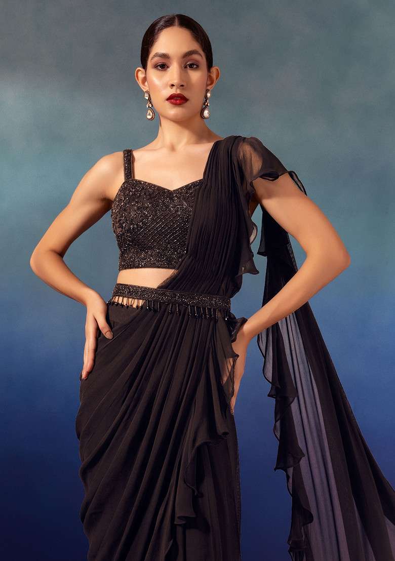 Wine Chinon Pre-Stitched Saree Set With Embroidered Blouse And Belt - Indya