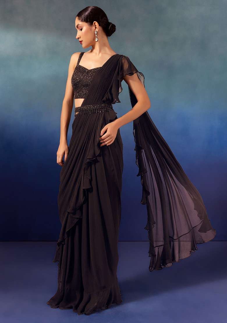Wine Chinon Pre-Stitched Saree Set With Embroidered Blouse And Belt - Indya