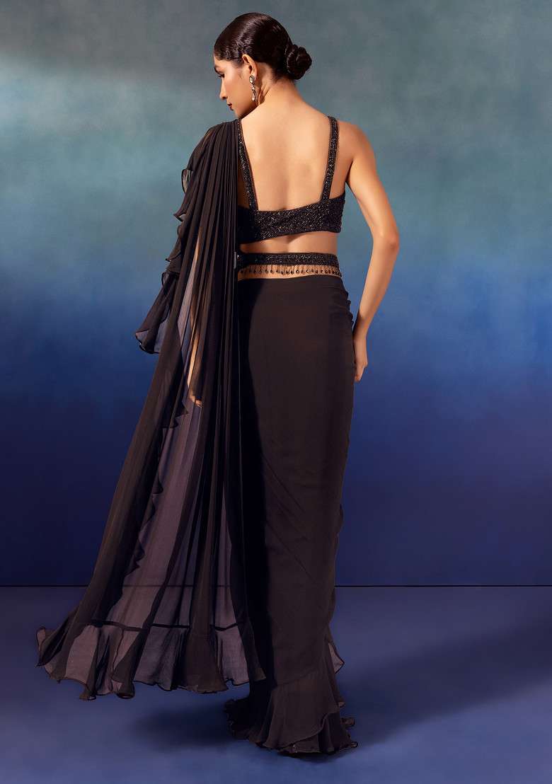 Wine Chinon Pre-Stitched Saree Set With Embroidered Blouse And Belt - Indya