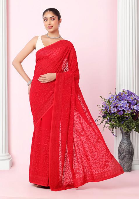 Red Tonal Floral Thread Embroidered Saree With Blouse
