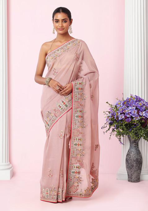 Dull Pink Ethnic Multicolour Thread Embroidered Organza Saree With Blouse